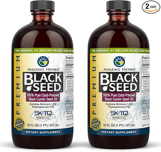 Amazing Herbs Premium Black Seed Oil - Gluten Free, Non GMO, Cold Pressed Nigella Sativa Aids in Digestive Health, Immune Support, Brain Function - 16 Fl Oz (Pack of 2)