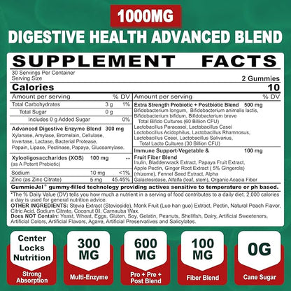 Neviss Digestive Enzymes Gummies Plus 90 Billion CFU Probiotics & Prebiotics & Postbiotic and Fiber for Women and Men, Daily Multi-Enzymes for Digestive Health, Regularity Gut, Immune,Sugar Free 60Cts