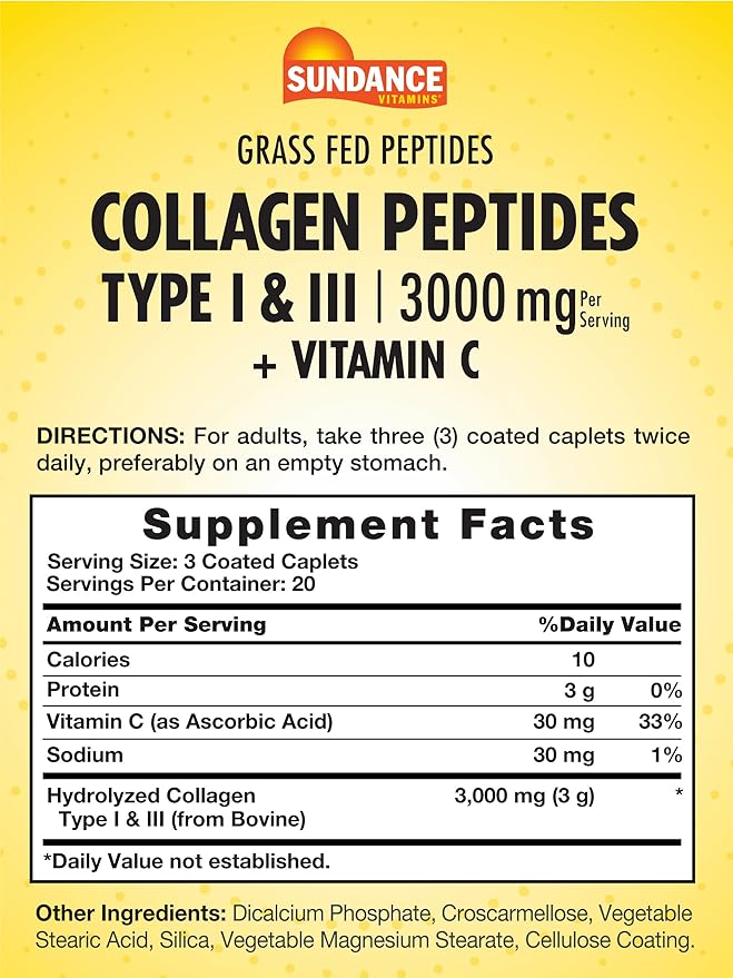Sundance Collagen Peptides Pills | 3000mg | Type I & II with Vitamin C | 60 Caplets | Non-GMO & Gluten Free Supplement