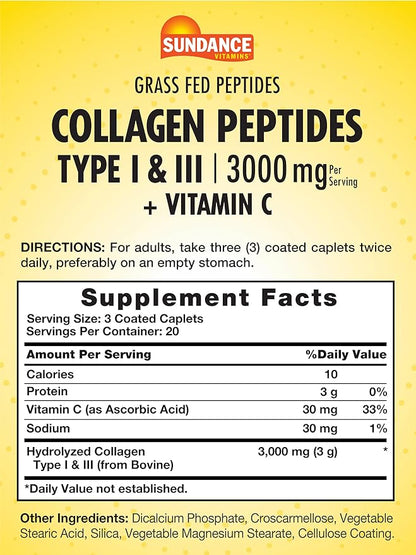 Sundance Collagen Peptides Pills | 3000mg | Type I & II with Vitamin C | 60 Caplets | Non-GMO & Gluten Free Supplement
