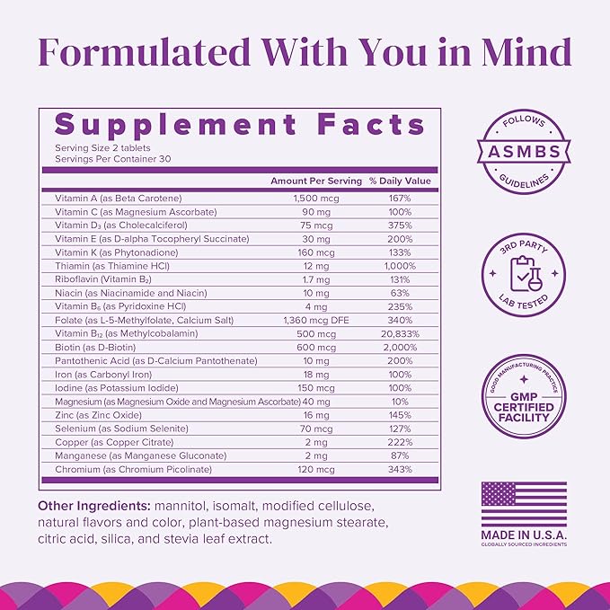 Barimelts Bariatric Multivitamin with Iron, 60 Fast-Dissolving Tablets (1-Month Supply), Sugar-Free Bariatric Vitamins for Women, Natural Fruit Flavor