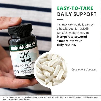 NutraMedix Zinc 50mg - Zinc Supplements for a Healthy Immune Defense, Skin Health & Antioxidant Support - Easy to Digest Zinc for Immune Health (60 Capsules)