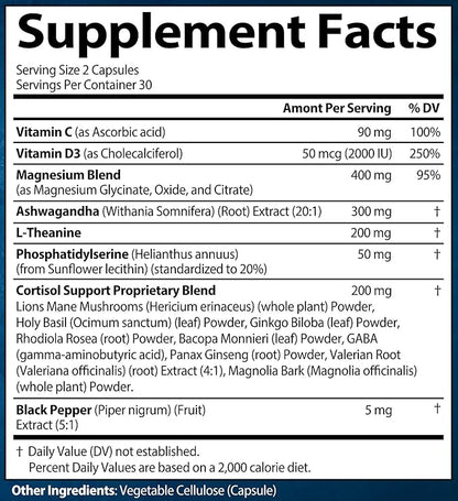 Cortisol Supplements for Women and Men with Magnesium, Ashwagandha & L-Theanine. High Cortisol Reducer, Manager, Detox, Lower and Control. Sleep Support & Stress Relief, USA