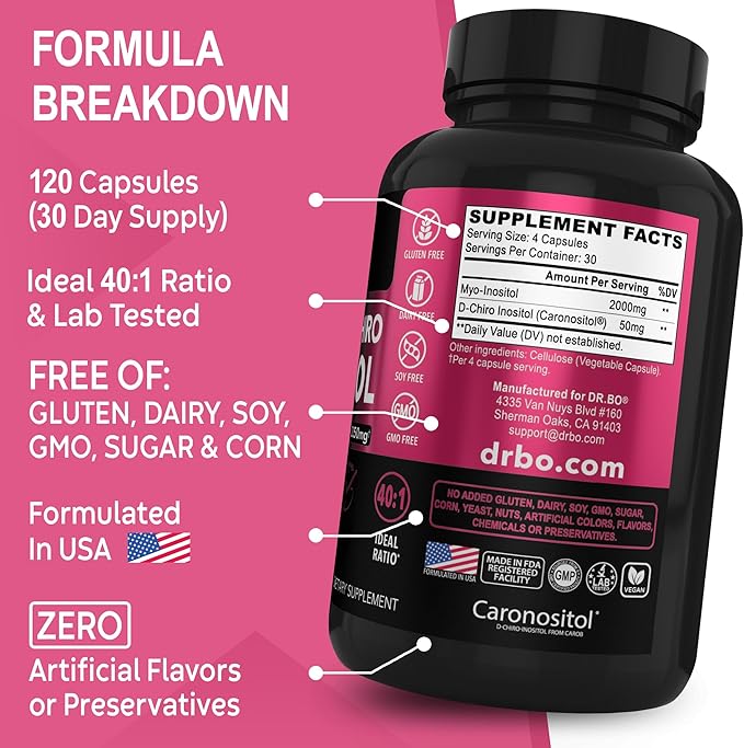 Myo-Inositol & D-Chiro Inositol Supplement Capsules - 40:1 Ratio Inositol Supplement for Women 2050mg with Vitamin B8 Pills - Natural Supplements for Female Women Support & Womens Health 120 Capsules