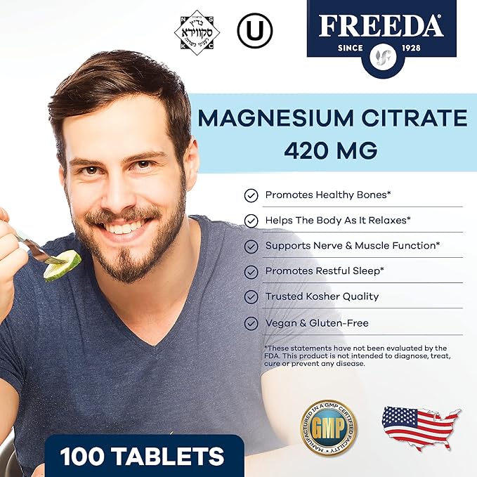 Freeda Magnesium Citrate 400mg Per Serving - High-Absorption Magnesium Citrate Tablets - Essential Mineral for Nerve & Bone Health - Vegan, Kosher, Gluten-Free Magnesium Supplement (250 Ct)