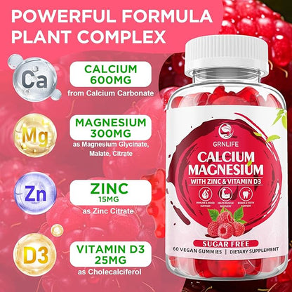 Calcium Magnesium Zinc Gummies with Vitamin D3, Sugar Free Calcium Gummies for Women Men, High Potency Magnesium Gummies for Bone & Muscle & Immune Health, Raspberry Flavor - 60 Count