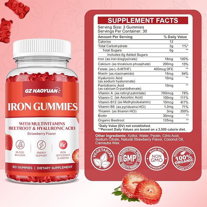 Iron Gummies for Women & Kids - Iron Supplement Gummies with Multivitamin for Blood Builder, Energy, Iron Deficiency & Anemia - Sugar Free Vegan Iron Gummies Strawberry 60 ct