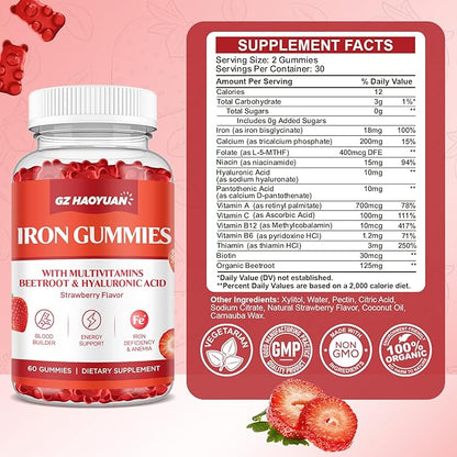 Iron Gummies for Women & Kids - Iron Supplement Gummies with Multivitamin for Blood Builder, Energy, Iron Deficiency & Anemia - Sugar Free Vegan Iron Gummies Strawberry 60 ct