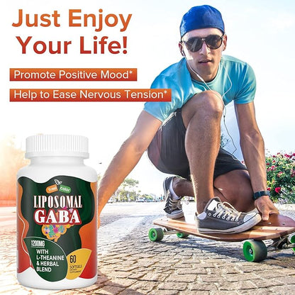 Liposomal GABA with L-Theanine Supplements 1200mg - High Absorption GABA Complex with Ashwagandha, Chamomile, Tart Cherry Herbal Supplements for Men and Women, 120 Softgels