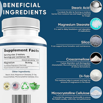 400 mg Magnesium Glycinate 180 Tablets Non Buffered High Absorption Non-GMO Promotes Cardiovascular Health Supplement for Stress Relief, Sleep, Heart Health, Ease Muscles, Calm Headaches, Nerves