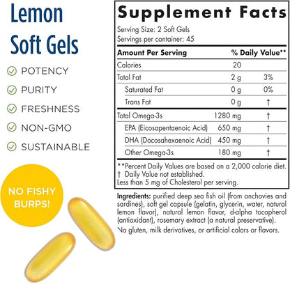Nordic Naturals ProOmega, Lemon Flavor - 90 Soft Gels - 1280 mg Omega-3 - High-Potency Fish Oil with EPA & DHA - Promotes Brain, Eye, Heart, & Immune Health - Non-GMO - 45 Servings
