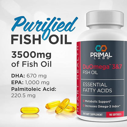 Primal Labs DuOmega 3&7 Fish Oil Supplement with Omega 3, 90 Count