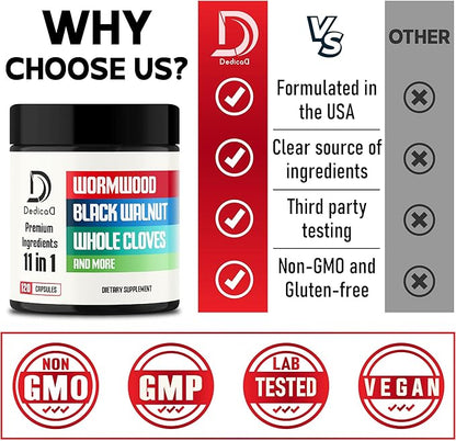 Wormwood Supplement - 120 Capsules Extracted from Black Walnut, Cloves, Turmeric, Apple, Berberine HCl & More - 11 Ingredients Combined for Digestive Health, Immune System - 2-Month Supply