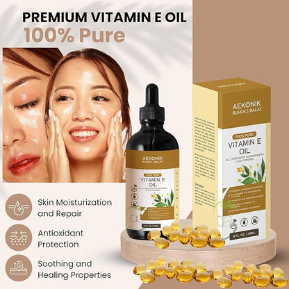 Organic Vitamin E Oil - Essential Pure Vitamin E Oil For Body Care and Skin Care - 4-Oz Bottle for Dry Skin, Wrinkles, Stretch Marks, Acne & Anti-Aging