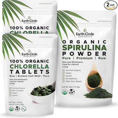 Earth Circle Organics Chlorella 400 Tablets (Pack of 2) and Spirulina Powder 4oz Bundle High Potency Vegan Superfood Supplement Packed with Protein Vitamins & Minerals for Daily Energy and Health