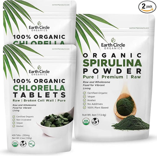 Earth Circle Organics Chlorella 400 Tablets (Pack of 2) and Spirulina Powder 4oz Bundle High Potency Vegan Superfood Supplement Packed with Protein Vitamins & Minerals for Daily Energy and Health