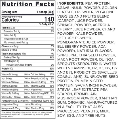 Vega Organic All-in-One Vegan Protein Powder, French Vanilla -Superfood Ingredients, Vitamins for Immunity Support, Keto Friendly, Pea Protein for Women & Men, 1.5 lbs (Pack of 1)