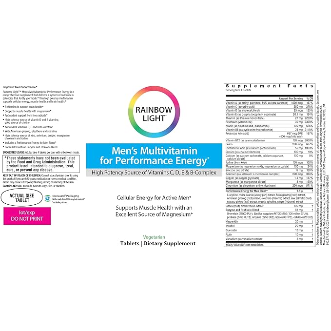 Rainbow Light Men's Multivitamin for Performance Energy, Multivitamin Supplement Provides High-Potency Source of Vitamin C, Vitamin D, Vitamin E and B-Complex, Vegetarian, 90 Count