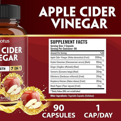 Zolotus 7 in 1 Apple Cider Vinegar Capsules, 3 Month Supply with Ceylon Cinnamon, Ginger Root, Turmeric, Elderberry for Supports Digestion, Immune, 90 Capsules