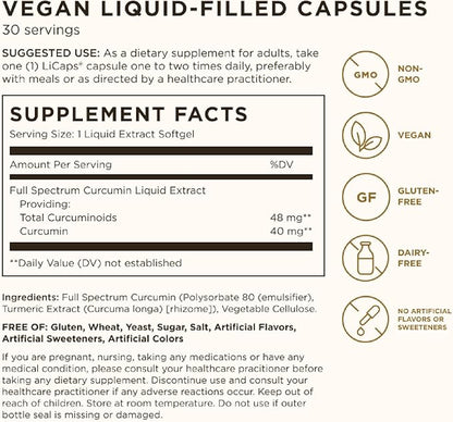 SOLGAR Full Spectrum Curcumin - 30 LiCaps - Superior Absorption - Brain, Joint & Immune Health - Vegan, Gluten Free, Non-GMO, Dairy Free - 30 Servings