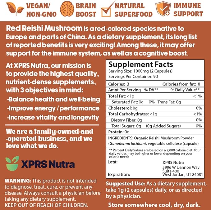 Reishi Mushroom Capsules - 180 Count Red Reishi Mushroom Capsules - 3 Month Supply Real Mushrooms Reishi Supplement Pills for Cognitive and Immune Boost - Mushroom Reishi Hongo Reishi Organico