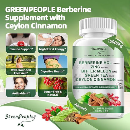Berberine Supplement with Ceylon Cinnamon - 120 Count Berberine 1500mg Activates AMPK & GLP-1 Berberina HCL with Bitter Melon & Natural Herbs for Immune Support/Energy