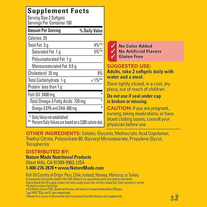 Nature Made Burp Less Fish Oil Omega 3 Supplements, 1200 mg Softgels, Omega 3 Fish Oil for Healthy Heart Support, 200 Softgels, 100 Day Supply
