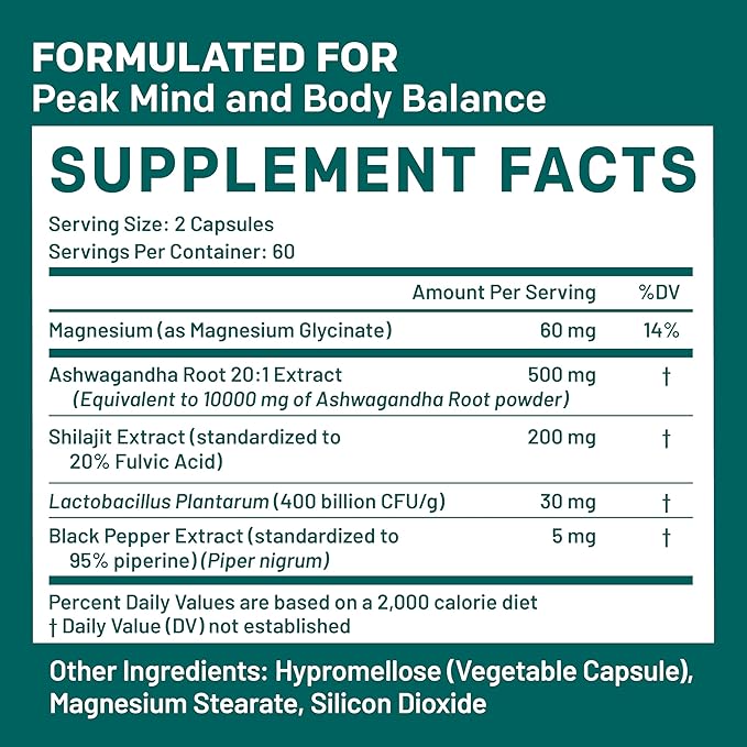 5-in-1 Cortisol Supplement with Ashwagandha for Mood, Stress, Relaxation, Adrenal and Cortisol Support - Herbal Supplements with Shilajit Extract, Magnesium Glycinate, Probiotics (120 ct, Pack of 1)