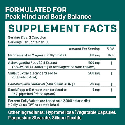 5-in-1 Cortisol Supplement with Ashwagandha for Mood, Stress, Relaxation, Adrenal and Cortisol Support - Herbal Supplements with Shilajit Extract, Magnesium Glycinate, Probiotics (120 ct, Pack of 1)