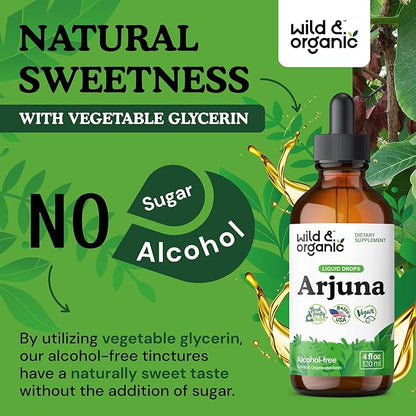 Wild & Organic Arjuna Bark Tincture - Overall Well-Being Supplement - Alcohol-Free Liquid Drops - Terminalia Arjuna Bark Extract - No Sugar & Additives, Non-GMO - 4 fl oz
