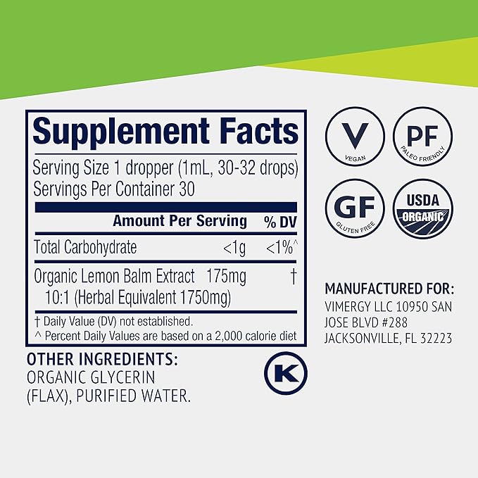Vimergy Organic Lemon Balm Tincture Herbal Supplement – 175 mg of 10:1 Lemon Balm Extract per Serving, can be Used in Tea - USDA Certified Organic, Non-GMO, Alcohol-Free – 30 mL (1 mL/Serving)