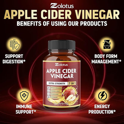 Zolotus 7 in 1 Apple Cider Vinegar Capsules, 3 Month Supply with Ceylon Cinnamon, Ginger Root, Turmeric, Elderberry for Supports Digestion, Immune, 90 Capsules