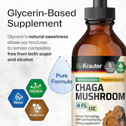 BIO KRAUTER Chaga Mushroom Extract - Chaga Tincture for Immune Support - Vegan, Alcohol & Sugar Free Drops 4 Fl.Oz.