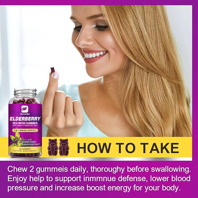 Elderberry Gummies & Irish Sea Moss, Organic Sambucus Elderberry Gummy with Seamoss, Zinc, Vitamin C, D3, Multivitamin Elderberry Vitamin & Energy Support Supplements - Sugar-Free