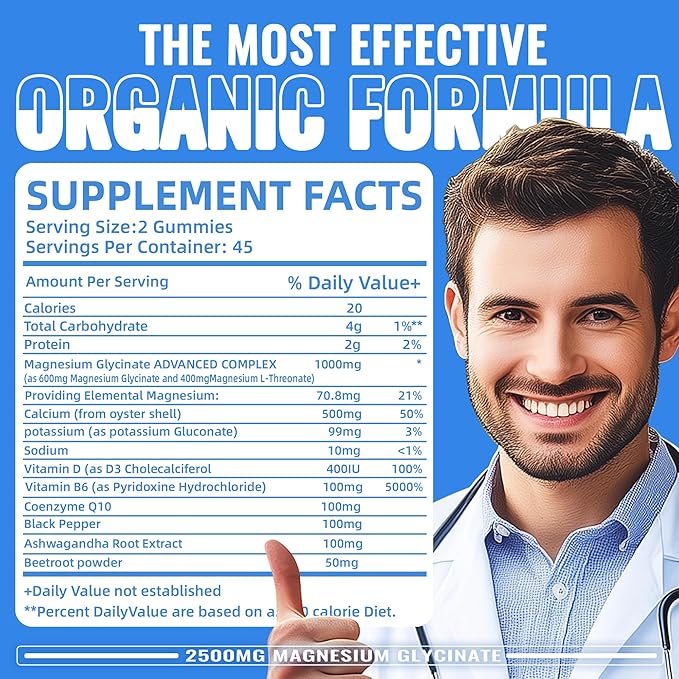 Magnesium Glycinate Gummies 2500mg - Sugar Free Magnesium Potassium Supplement with Vitamin D, B6, CoQ10 for Calm Mood & Sleep Support - 90 Blueberry Gummies