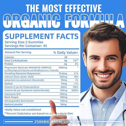 Magnesium Glycinate Gummies 2500mg - Sugar Free Magnesium Potassium Supplement with Vitamin D, B6, CoQ10 for Calm Mood & Sleep Support - 90 Blueberry Gummies