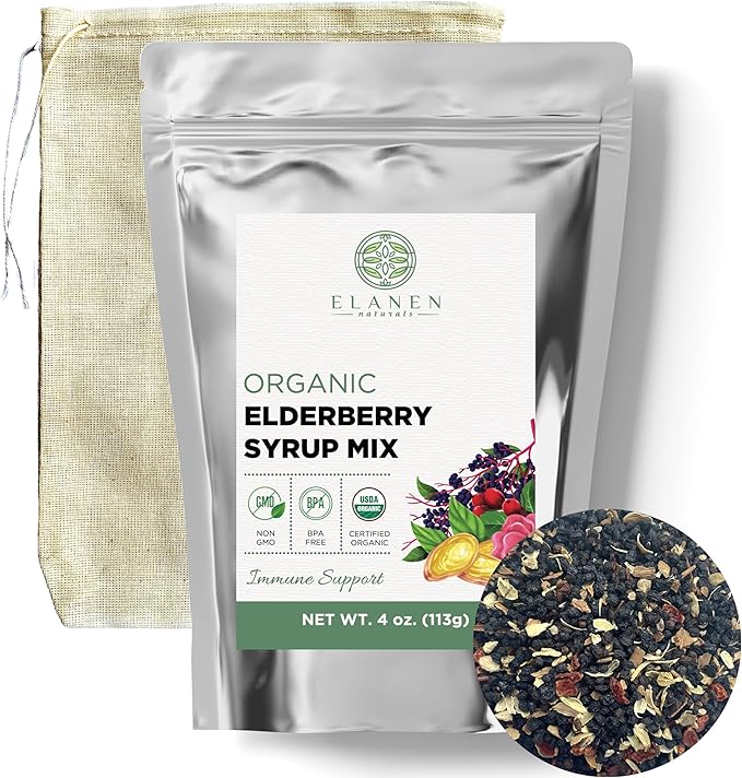 Organic Elderberry Syrup Kit, Makes up to 24 oz, Includes Natural Cotton Brew Bag, USDA Certified Organic Dried Elderberries and Immune Support Herbs, Bulk Kit, 4 oz. (113g)