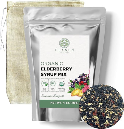 Organic Elderberry Syrup Kit, Makes up to 24 oz, Includes Natural Cotton Brew Bag, USDA Certified Organic Dried Elderberries and Immune Support Herbs, Bulk Kit, 4 oz. (113g)