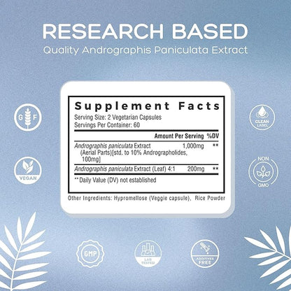 Premium Andrographis Paniculata Extract 2 Pack - 1,200mg (100mg Andrographolides) per Serving, Non-GMO, Vegan, Gluten Free