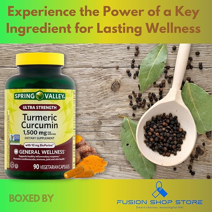 Spring Valley Turmeric Curcumin 1500mg- with Black Pepper Capsules, 90ct (Pack of 1), Boxed by Fusion Shop Store