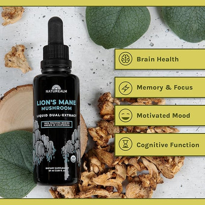 Naturealm Lion’s Mane Mushroom Liquid Tincture Supplement – Focus, Memory & Brain Health, Vegan, Non-GMO – Organic Fruiting Bodies, 2 Month Supply