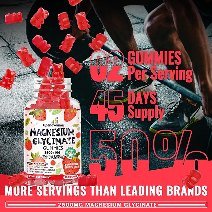 Magnesium Glycinate Gummies 2500mg - Sugar Free Magnesium Potassium Supplement with Vitamin D, B6, CoQ10 for Calm Mood & Sleep Support - 90 Strawberry Gummies