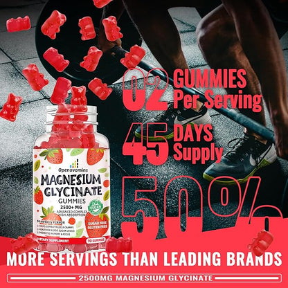 Magnesium Glycinate Gummies 2500mg - Sugar Free Magnesium Potassium Supplement with Vitamin D, B6, CoQ10 for Calm Mood & Sleep Support - 90 Strawberry Gummies