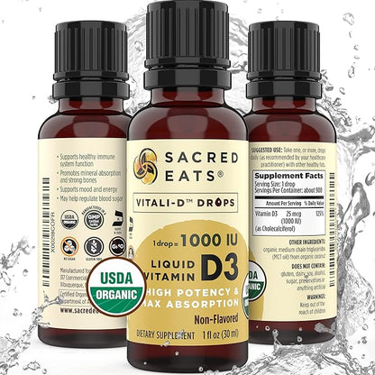 Organic Liquid Vitamin D Drops for Kids & Adults, Sugar Free. Easy to Use 1,000 IU/Drop in Coconut MCT Oil. Lasts Months, Best for High Doses. Max Absorption VIT D3 Supplement. No Taste (Flavorless)