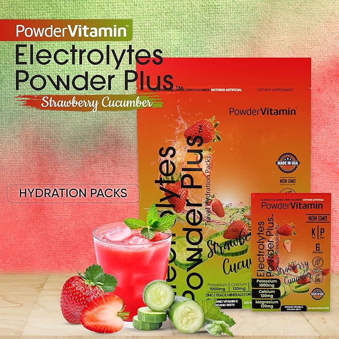 Electrolytes Powder Plus, Keto, Strawberry Cucumber, Sugar Free, 1000mg Potassium, 120mg Calcium, 120mg Magnesium, Non-GMO, Zero Calories, 30 Hydration Packets