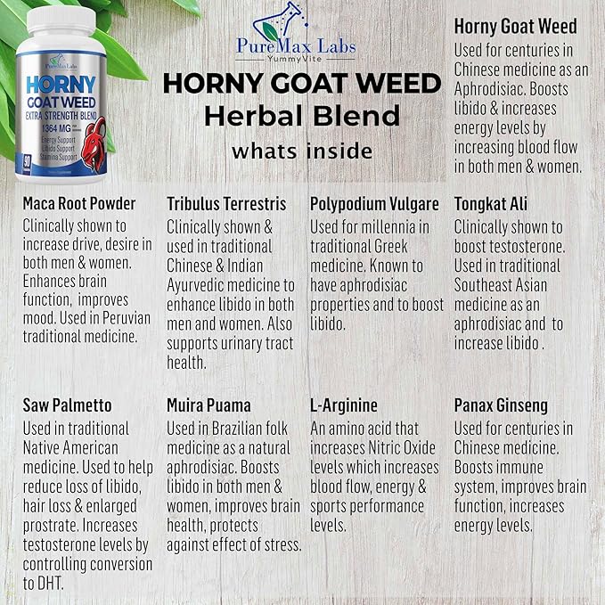 Horny Goat Weed 1590mg Extra Strength w. Maca, L-Arginine, Ginseng, Boost Performance, Stamina, Energy, Non-GMO Formula, 90 Capsules