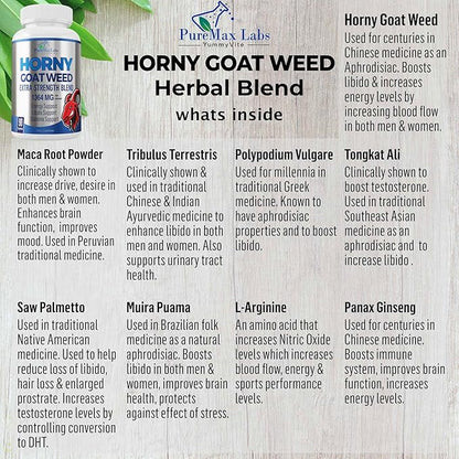 Horny Goat Weed 1590mg Extra Strength w. Maca, L-Arginine, Ginseng, Boost Performance, Stamina, Energy, Non-GMO Formula, 90 Capsules