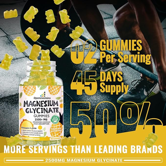 Magnesium Glycinate Gummies 2500mg - Sugar Free Magnesium Potassium Supplement with Vitamin D, B6, CoQ10 for Calm Mood & Sleep Support - 90 Pineapple Gummies