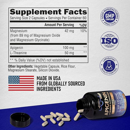 Apigenin 100mg - Apigenin Supplement for Sleep Support with L-Theanine & Magnesium - Sleep, Stress Relief & Relaxation Support for Adults - Naturally Derived from Chamomile - 120 Vegan Capsules