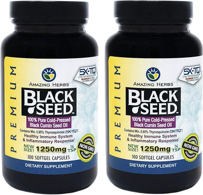 Amazing Herbs Black Seed Oil Pills 1250mg, 100 Softgel Capsules (Pack of 2)